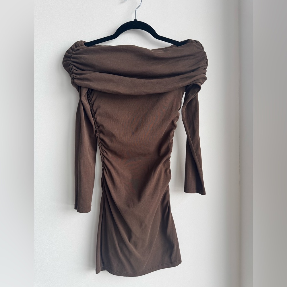 Zara Long Sleeve Off-Shoulder Dress in Brown